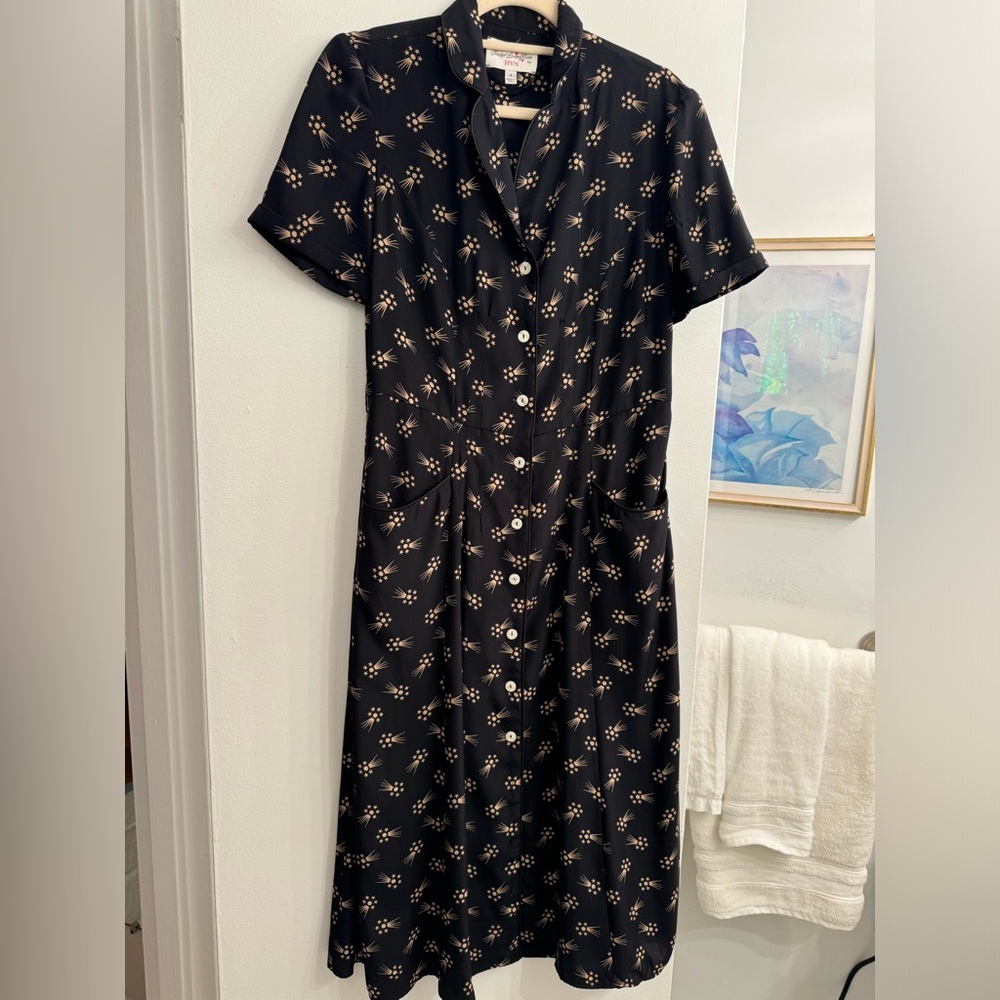 HVN Silk Button Down Dress with beige print - no belt